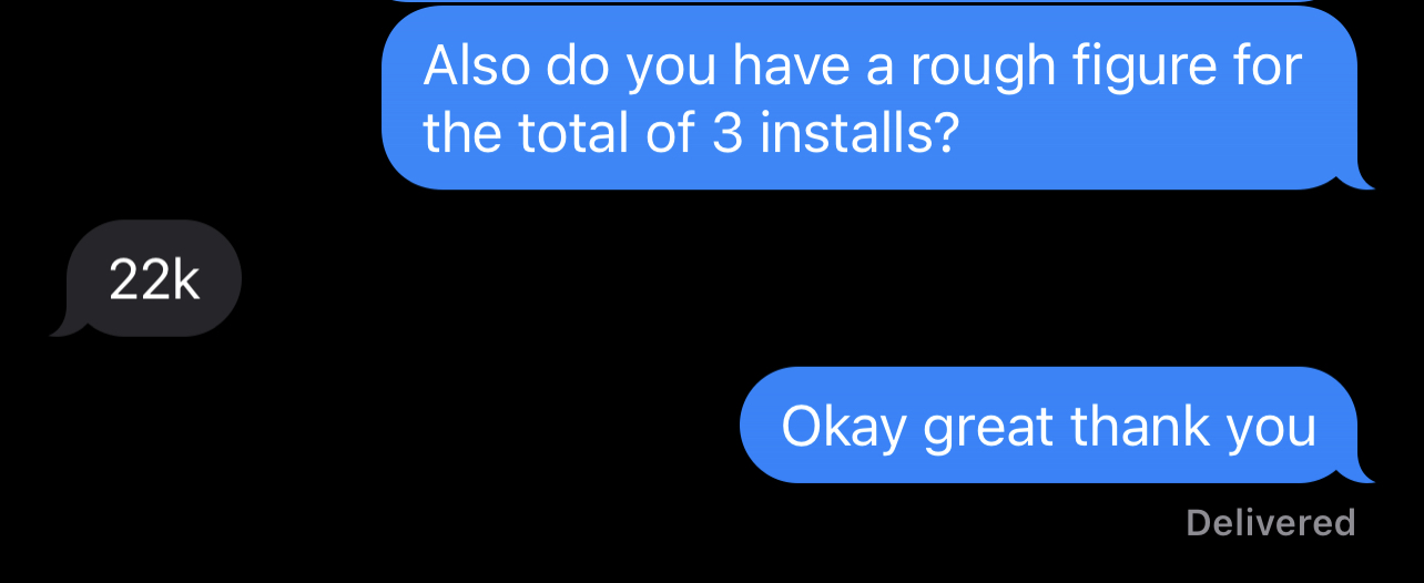 Client message confirming $22,000 from three HVAC installs