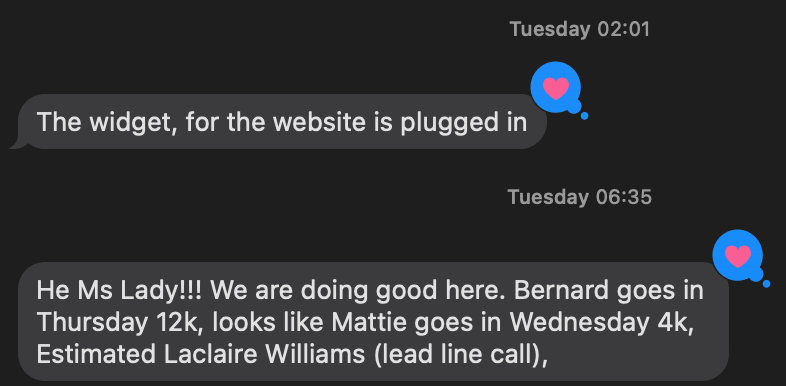 Client message confirming $16,000 in booked HVAC installs